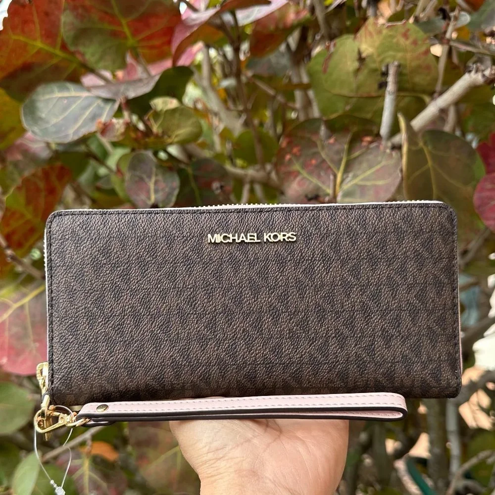 Michael Kors Jet Set Travel Large Continental Wallet Wristlet MK Brown Pink